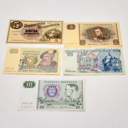 5st sedlar, var av 3st 5kronor från år 1950,1963, 1977, 2st 10kronor från år 1668-1968, 1989.