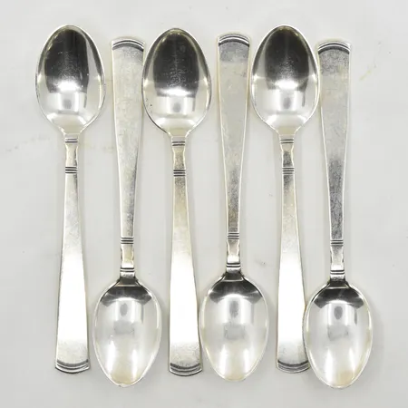 6 skedar modell Rosenholm, GAB, R9/1967, O9/1964, längd 12 cm, 830/1000 silver. Vikt: 94,4 g