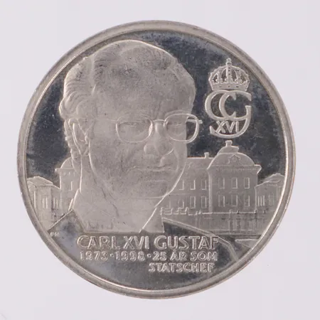 Minnesmynt, Carl XVI Gustaf 25 år som statschef, Kungariket Sverige, Ø29,7mm, 925/1000 silver Vikt: 9,4 g