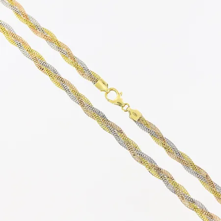 Collier, flätad, 45,5cm, bredd 5mm, röd/vit/gulguld, GHA, 18K.   Vikt: 10,9 g