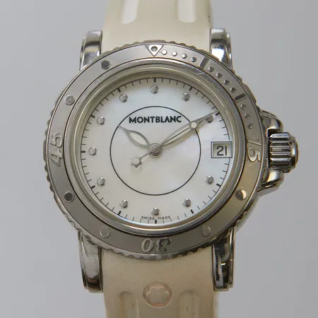 Damur Mont Blanc Sport, stål, quartz, 34mm, ref 7036, snr PL 452821, safirglas, datum, pärlemorurtavla, gummiband, viklås, resepouch, inga tillbehör