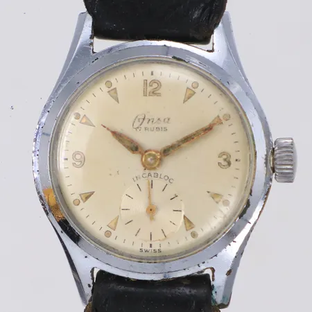 Damur, Onsa, 17 rubis, 835/2, Ø24,3mm, manuell, repigt plastglas, rost på visare, läderband