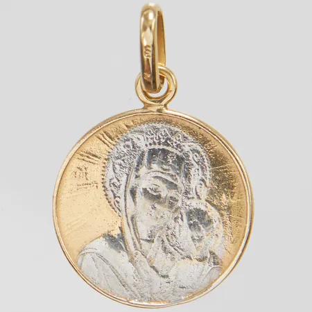 Hänge, Madonna med Jesusbarnet på framsidan samt kors på baksidan, 27x17,1mm, tvåfärgat, 14K Vikt: 2,2 g