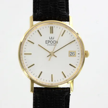 Herrur Epoch Ø33mm med läderband, 18K i boett, graverad, etui