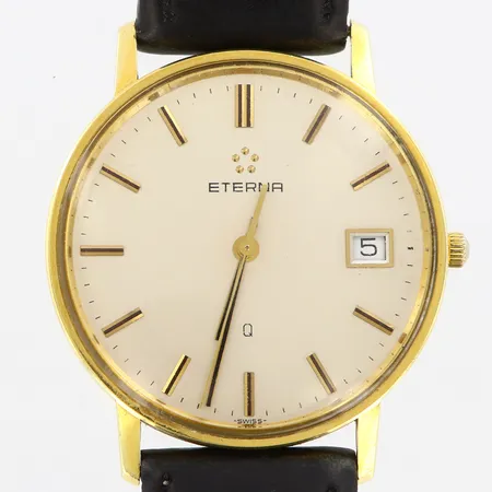 Herrur Eterna Ø33mm 14K, quartz, datumfönster, läderband, fungerar ej, går ej att ställa 
