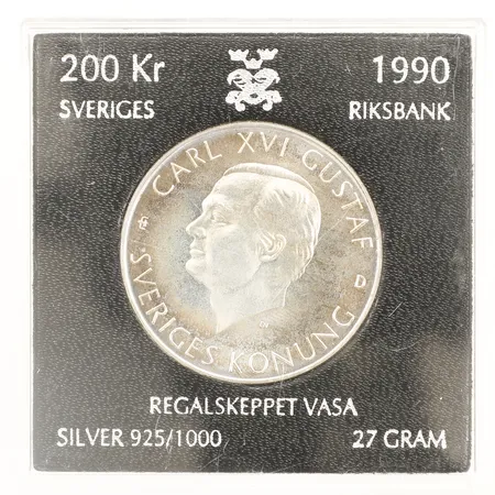 Mynt Regalskeppet Vasa 200kr 1990 Ø36mm plastetui silver 925/1000 Vikt: 27 g