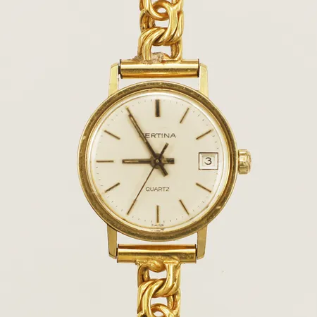 Damur Eterna 18K quartz Ø22mm med länk i gulmetall personlig gravyr, går ej bruttovikt:20,1g