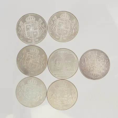 Mynt 7st 50Kr silver s925/1000 189,0g.