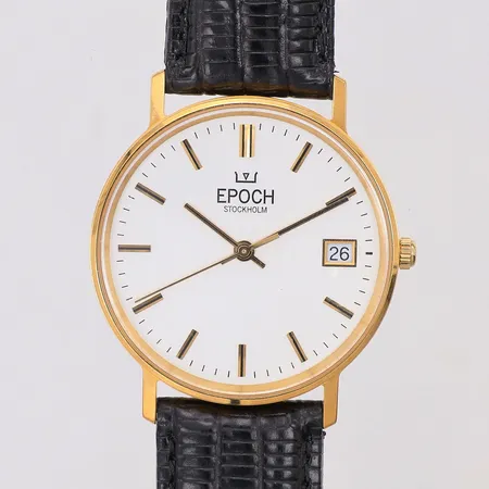 Herrur Epoch Stockholm 18K quartz Ø33,5mm oanvänd, datum, original läderarmband, box