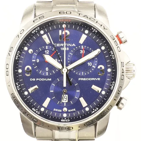Herrur Certina DS Podium Chronograph stål quartz ref-nr:C001.647A Ø44mm armband inklusive boetten 21cm inga tillbehör batteribyte krävs repig.