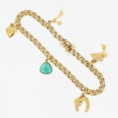 Armband Bismarck med 5 berlocker längd 18,5cm, bredd 4mm, 18K Vikt: 13,3 g