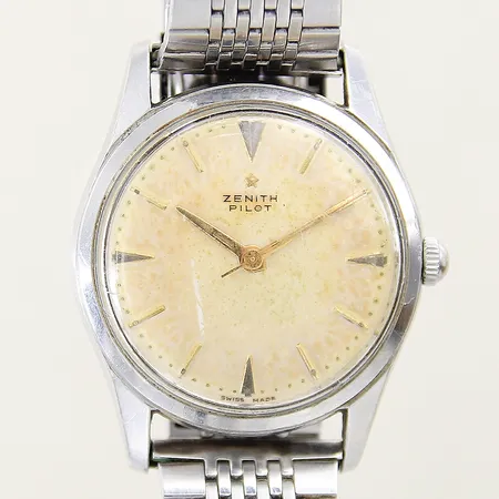 Herrur Zenith Pilot stål manuell Ø37mm boett-nr: 9353474 plexiglas, länk i stål, repig plexiglas, skadad urtavla, inga tillbehör
