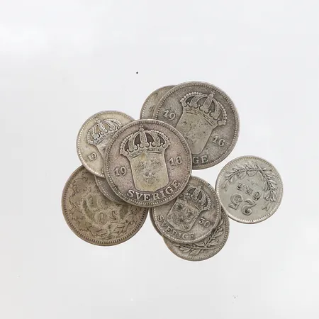 Cirkulationsmynt, 3st 50-öre, 7st 25-öre, 600/1000 silver Vikt: 31 g
