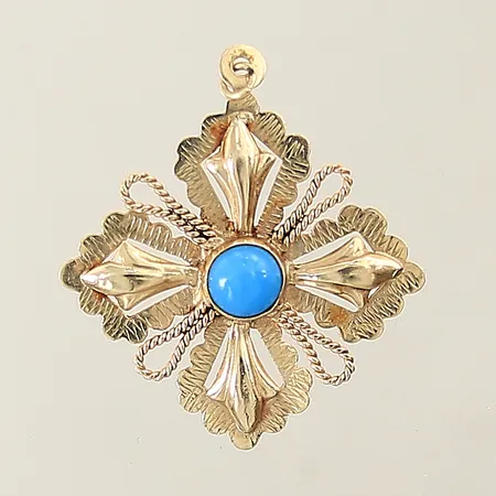 Hänge med blå sten 33x28mm, något skev, 14K Vikt: 1,8 g