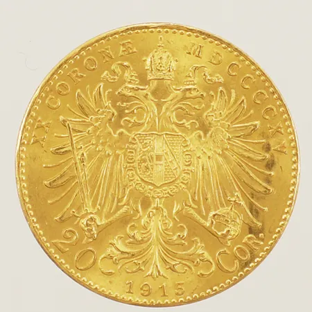 Mynt 20 Corona - Frans Josef I av Österrike år 1915 21mm 21K Vikt: 6,8 g