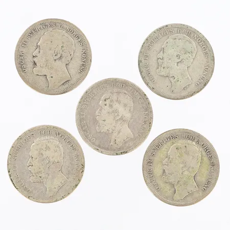 5 1-kronor Oskar Sveriges och Norges konung, silver 800/1000 Vikt: 36,2 g