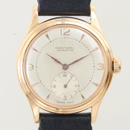 Herrur Ernest Borel Incastar 18K manuell ref-nr:40643 serie-nr:369094 Ø32mm plexiglas med spricka, läderband med slitage, boett med mindre repor, inga tillbehör