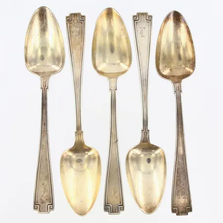 5 skedar gravyr, silver 925/1000 Vikt: 79,9 g
