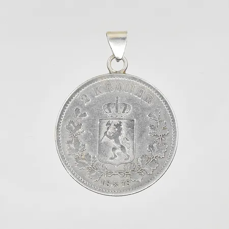 Hänge mynt 2 kroner År 1878 Ø31 mm, silver 800/1000. Vikt: 14,9 g