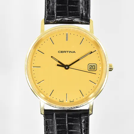 Herrur Certina 18K, quartz, Ø34mm, datum, EOL 158.9289.68, läderband, fint skick, behov av batteribyte. Bruttovikt 29,4g