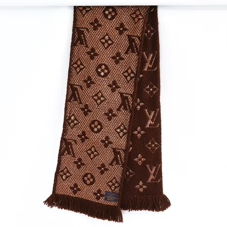 Halsduk Louis Vuitton Echarpe Logomania Shine Marron, M71383, längd 167cm (ink fransar), bredd 30cm, box, kvitto från italien 2019, något nopprig,