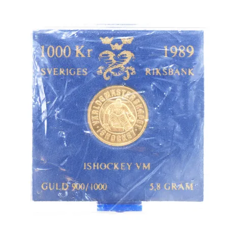 Mynt, Ishockey VM, nominellt värde 1000kr, 900/1000 guld (21,6K), etui Vikt: 5,8 g