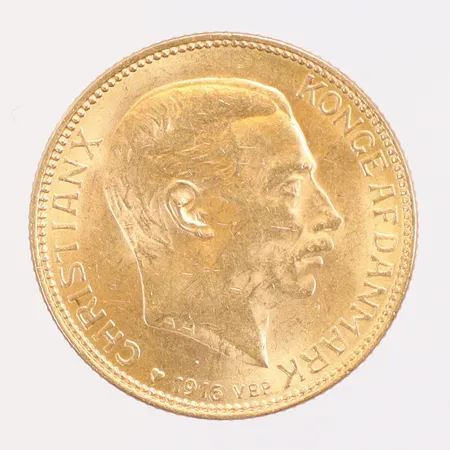 Mynt 20 Kroner Christian X 1916 Danmark, Ø23mm, 21,6K 900/1000 Vikt: 9 g Vikt: 9 g