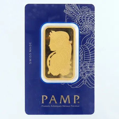 Guldtacka PAMP 1 Ounce Fine gold 999/1000 serie-nr: N885786 borrhål gjort av Pantbanken bruten förpackning 24K. Vikt: 31,1 g