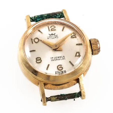 Damur Hellas guld 14K manuell Ø18mm plexiglas, repigt glas, saknar band/länk bruttovikt 8,1g.