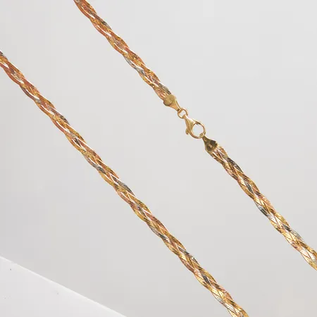 Collier flätad längd 46cm, bredd 5mm, trefärgat, 14K Vikt: 11 g