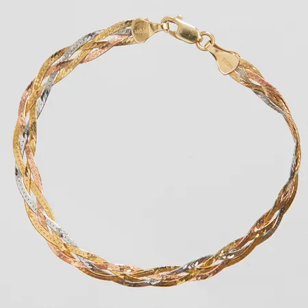 Armband flätad längd 19cm, bredd 5mm, trefärgat, 14K Vikt: 4,9 g