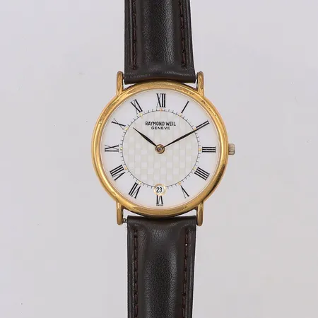 Herrur Raymond Weil stål Ø32mm guld 10 micro, står still, repigt glas, läderband