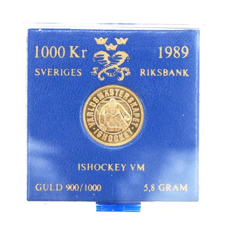 Mynt, Ishockey VM, nominellt värde 1000kr, 900/1000 guld (21,6K), etui Vikt: 5,8 g