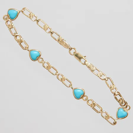 Armband med hjärtslipade turkoser, längd: 18,5cm, bredd: 3,5-6,7mm, länk något skev, 14K Vikt: 3,9 g