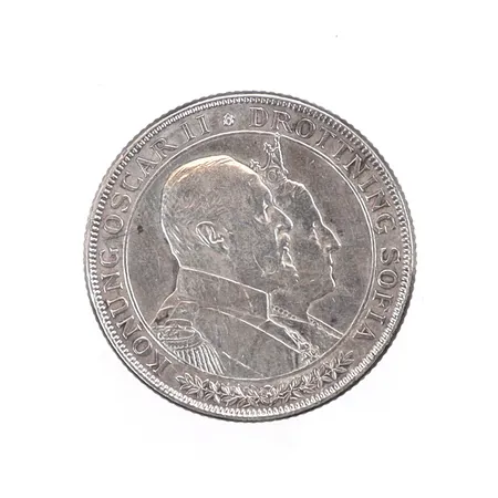 Jubileumsmynt Konung Oscar II och drottning Sofia, "2kr" 1857-1907, 800/1000 silver Vikt: 15 g