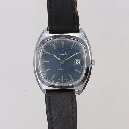 Herrur Ruhla stål quartz Ø37mm läderband, står still, repigt glas