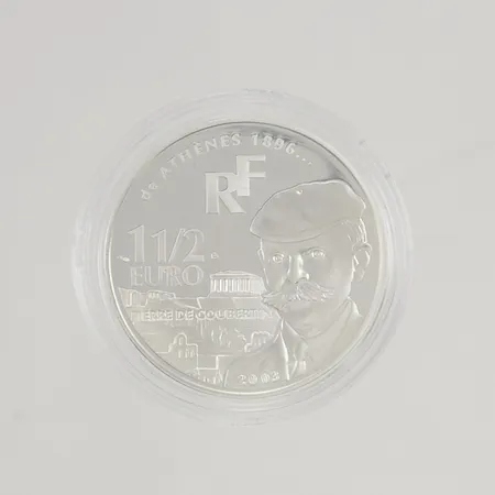 Minnesmynt 1½ Euro  Pierre De Coubertin  Athens 2004 silver s900/1000 22,2g Vikt: 22,2 g