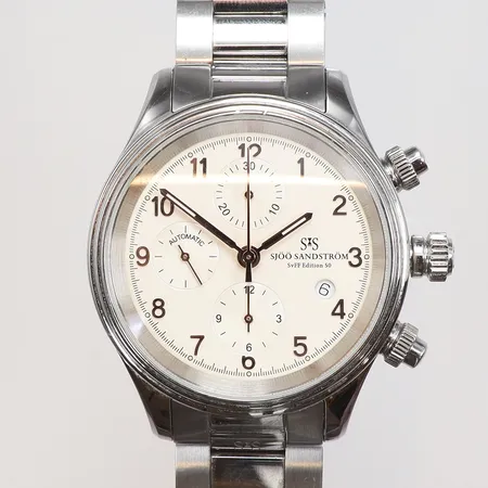 Herrur Sjö Sandström Royal Steel Chronograph Ø42mm, ref nr. SS-1442-1 snr. 2064, Cal SS G3 (ETA 7750) automat, datum, stållänk, safirglas, bruksslitage, graverad boett, inga tillbehör