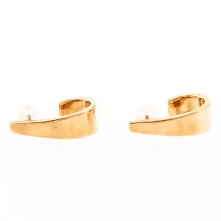 Halvcreoler längd 14,5mm bredd nertill 4,7mm, snurrebussar saknas, men nya i plast medföljer, 18K 1,3g.