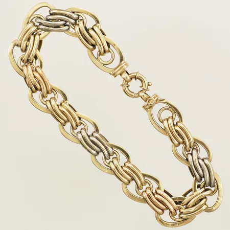 Armband längd 21cm bredd 11,8mm smärre bucklor samt repor trefärgad 14K Vikt: 16,8 g