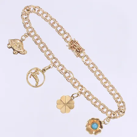 Armband Bismarck fyra berlocker varav en med sten 19cm bredd 5mm kistlås mycket trögt lås 18K Vikt: 9,5 g