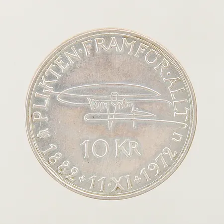 Mynt 10kr Gustaf VI Adolf Sveriges Konung 1972 Ø32mm silver 830/1000 Vikt: 18,1 g