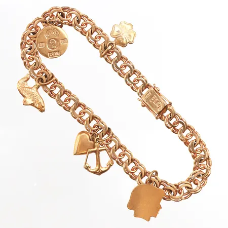 Armband Bismarck med fem berlocker, 18,5cm, bredd: 6,5mm, 18K Vikt: 18,9 g