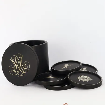 6 coasters Ø9cm med förvaringsask, isolit/silver 830/1000, Silversmedjan i Perstorp AB, 1 skadad, bruksskick Vikt: 0 g
