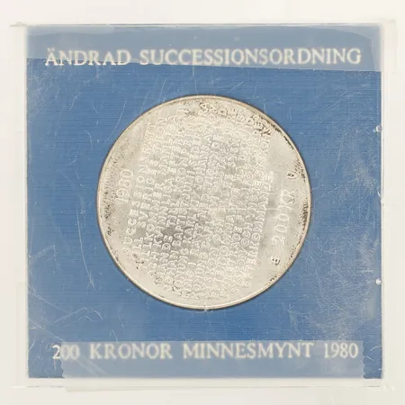 Mynt Ändrad successionsordning 200kr 1980 Ø35mm plastetui silver 925/1000 Vikt: 27,1 g