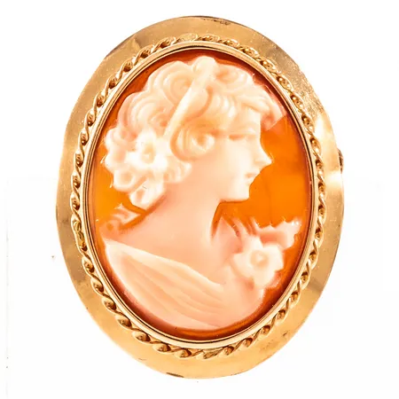 Brosch/Hänge kamé bredd 24mm längd exkl. infällbar ögla 30mm, 18K bruttovikt 4,7g.