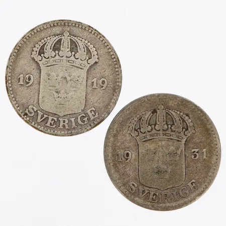 2 mynt 25-öre, Sverige 1919 samt 1931, silver 600/1000 Vikt: 4,7 g