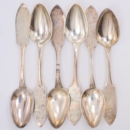 6 Bordsskedar modell Tornedal 17,5cm, gravyr, silver 830/1000 Vikt: 171,1 g