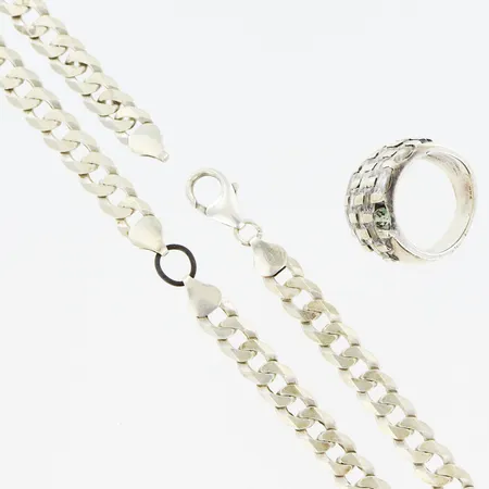 Länk längd 44cm ringdel i metall, ring med defekta stenar samt limrester, silver 925/1000  Vikt: 40,7 g