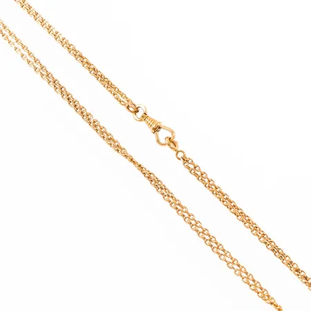 Collier två kedjor av flackslipad Ankarlänk längd 47cm bredd ca 1,5-2,5mm, två lås klockkarbin, springring, 18K 10,3g.